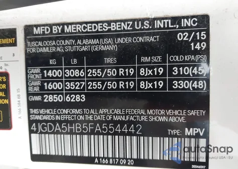 2015 Mercedes-Benz Ml 350 4Matic z USA, uszkodzony, nr VIN 4JGDA5HB5FA554442